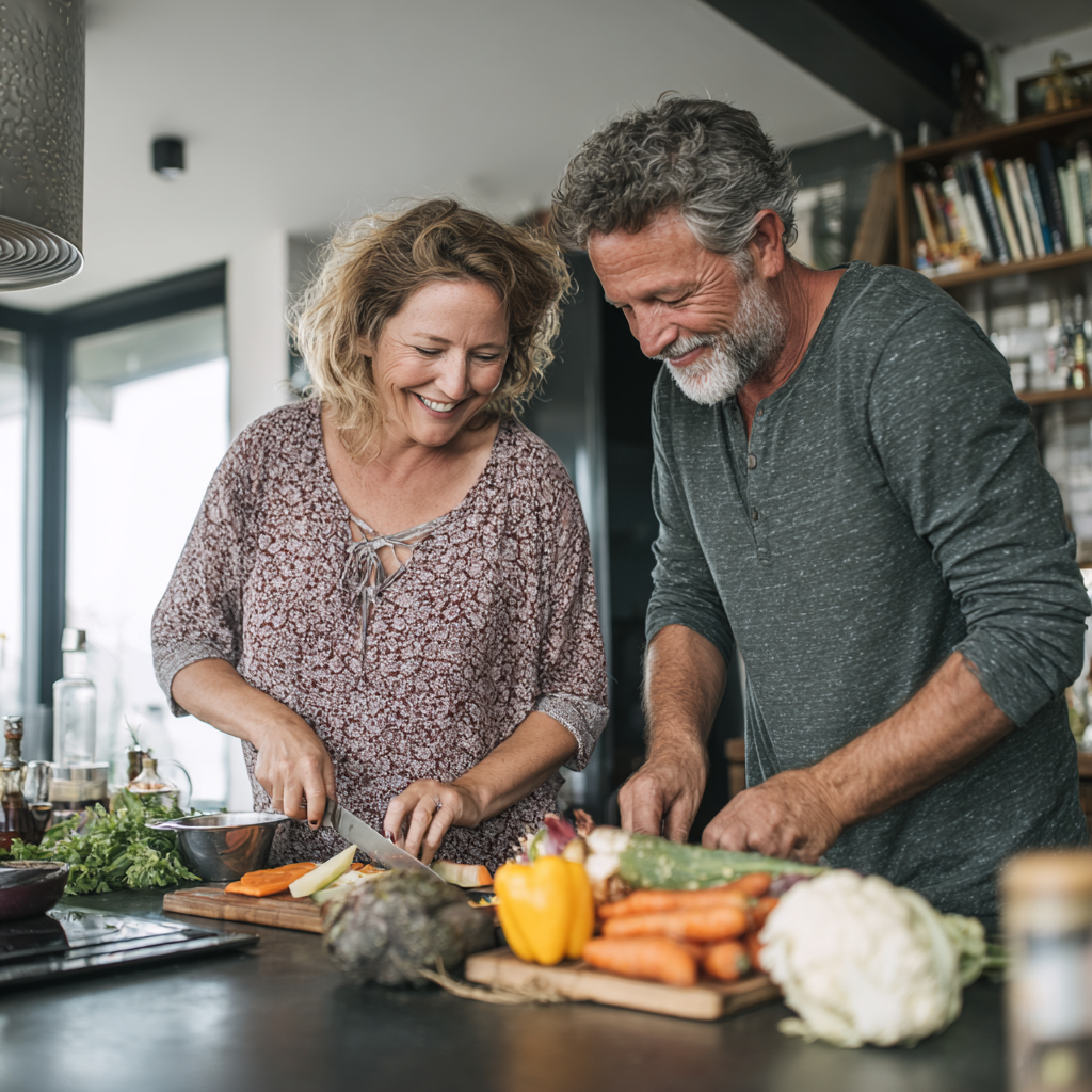 Mature adult couple preparing nutritious meal together in bright kitchen