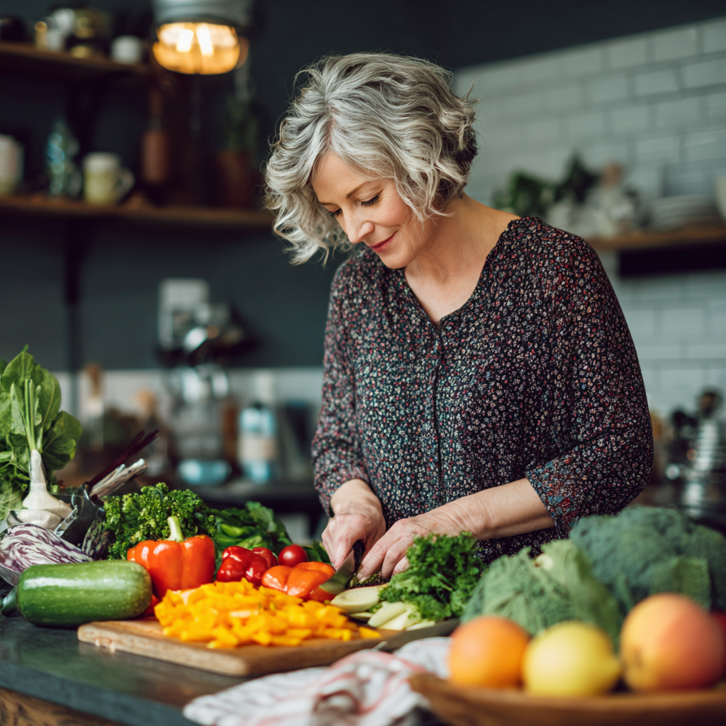 Middle-aged woman preparing fresh vegetables and fruits in a modern kitchen